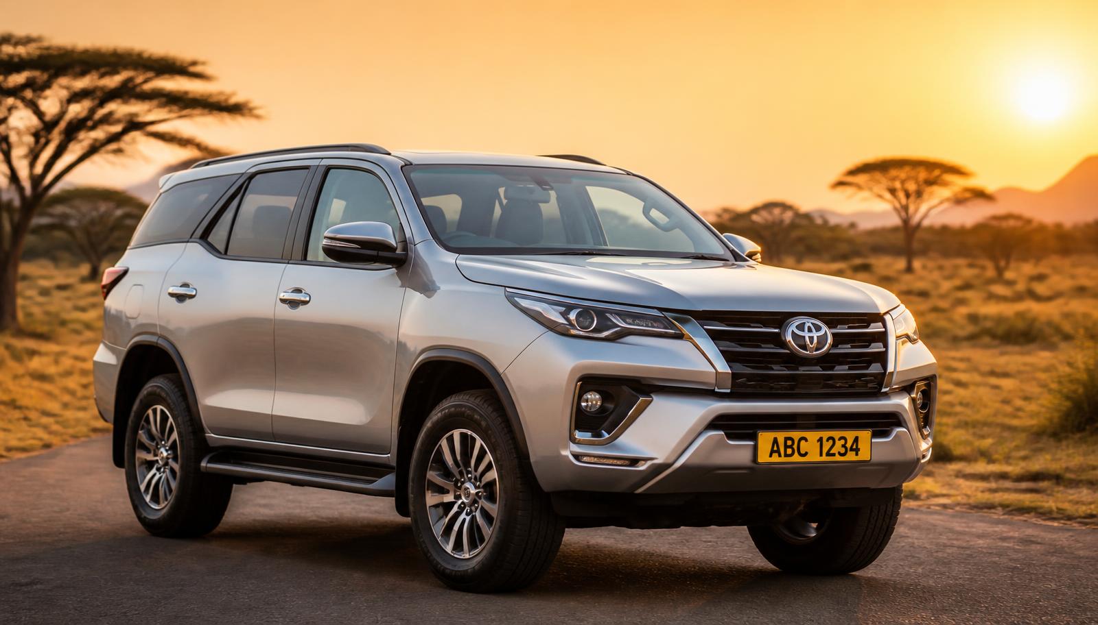 Silver SUV with a Zimbabwean number plate parked on a road at sunset